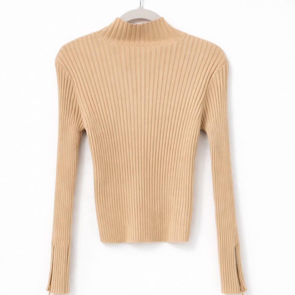 90s Tan Silk Blend Ribbed Mock Sweater Rhinestone zipper Women’s M Y2K Old Money